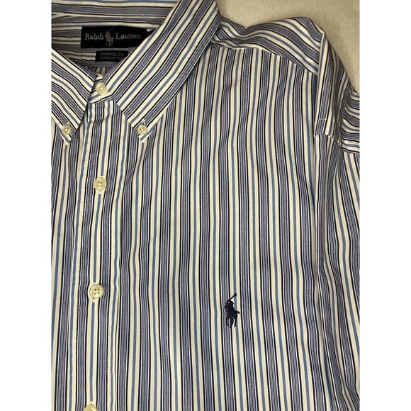 Ralph Lauren Shirt Men's 18 34/35 Blue & White Striped Yarmouth Cotton Button Up - Picture 2 of 9